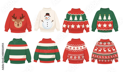 Charming winter wool sweaters with Christmas knitted patterns and cute festive icons isolated on transparent background
