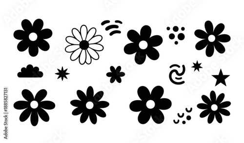 Trendy black daisy flowers and abstract brutalist shape icons isolated on transparent background