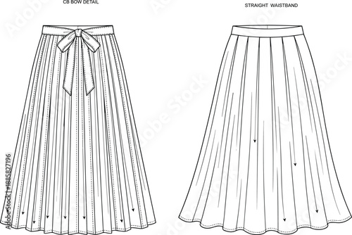 Women's pleated maxi skirt technical flat sketch, bow waistband and straight waistband views, fashion illustration for apparel pattern design