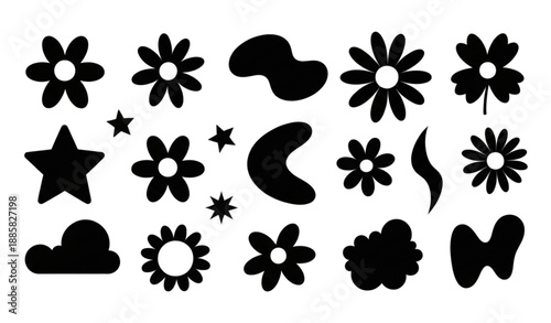 Playful brutalist black floral icons and abstract shapes vector set isolated on transparent background