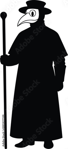Silhouette of plague doctor in beaked mask, cloak, and hat holding staff, symbolizing historical pandemic, fear, mystery, and protection