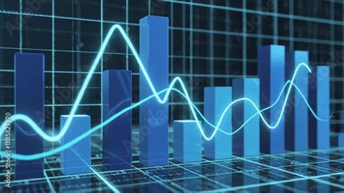 Abstract blue bar graph with rising curve on grid background illustration