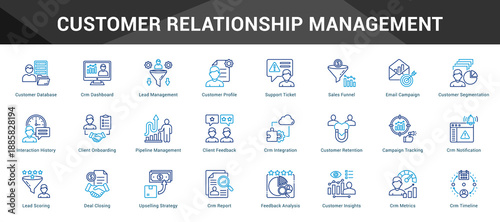 Customer Relationship Management Cohesive set of minimalist vector icons representing key ideas with visual clarity