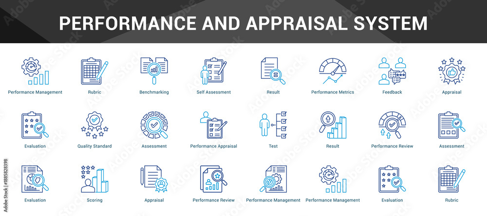 Naklejka premium Performance And Appraisal System Cohesive set of minimalist vector icons representing key ideas with visual clarity