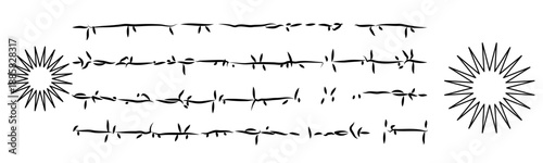 abstract graphic design element of barbed wire and starburst shapes representing boundaries confinement and sharp edges in a minimalist black and white vector illustration
