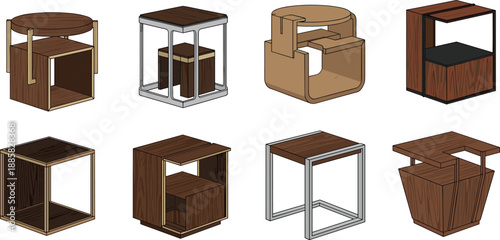 Modern wooden side table and stool illustration set featuring minimalist geometric furniture designs, contemporary collection for interior decor, living 