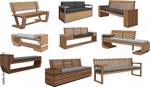 Modern wooden outdoor bench and sofa illustration set featuring contemporary seating designs, furniture collection for garden, park, patio landscaping, 