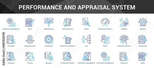 Performance And Appraisal System Cohesive set of minimalist vector icons representing key ideas with visual clarity