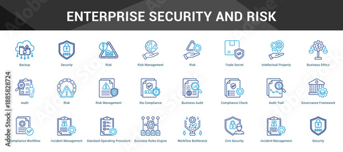 Enterprise Security And Risk Cohesive set of minimalist vector icons representing key ideas with visual clarity