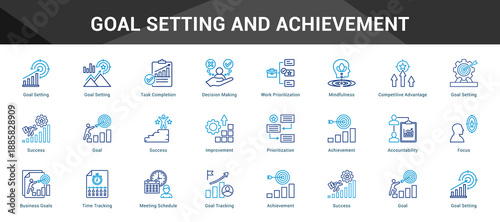Goal Setting And Achievement Cohesive set of minimalist vector icons representing key ideas with visual clarity
