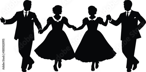 Elegant couples silhouettes dancing together, vintage style ballroom dance performance, classic fashion and graceful movement isolated on white background illustration