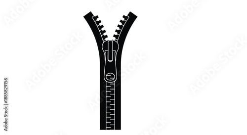 A striking black and white illustration of an open zipper against a plain background