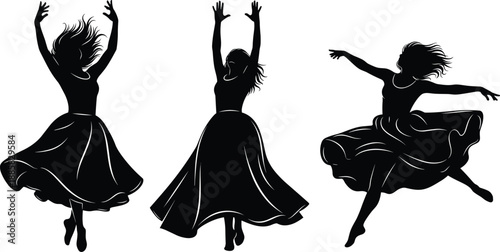 Graceful female dancer silhouettes performing expressive contemporary dance movements, elegant motion poses isolated on white background for art and design concepts