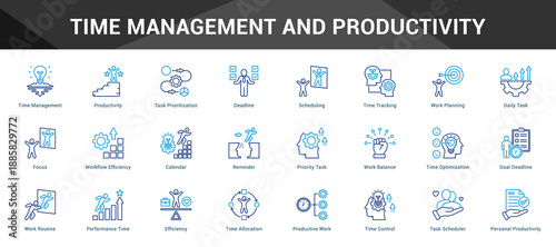 Time Management And Productivity Cohesive set of minimalist vector icons representing key ideas with visual clarity