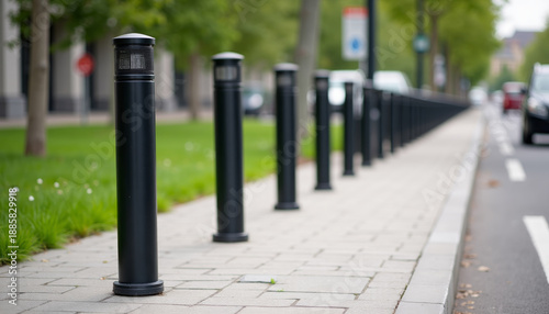 Black decorative lighting bollards along a stone walkway