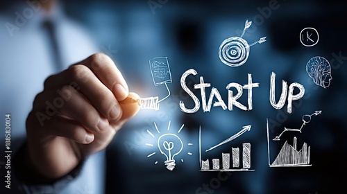 Businessman outlining a strategic startup plan on a virtual screen, visualizing concepts such as innovation, smart ideas, target achievement, and market growth for entrepreneurial success