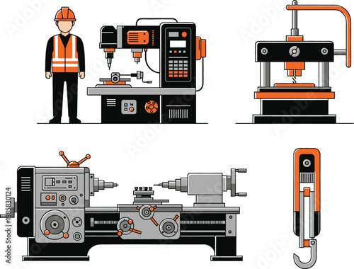 Industrial machinery and factory equipment vector illustration set with worker CNC lathe press and lifting hook