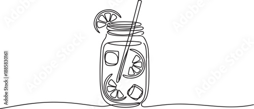 One single line drawing of fresh lemonade ice on jar glass with sliced lemon vector illustration graphic. Cafe menu and restaurant badge concept. one line Icon drawing