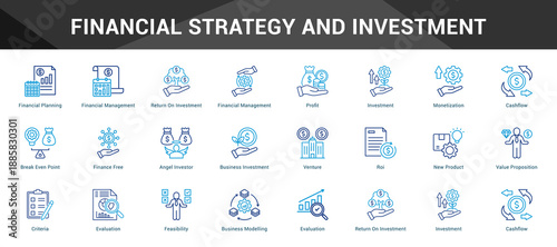 Financial Strategy And Investment Cohesive set of minimalist vector icons representing key ideas with visual clarity