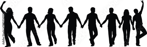 People silhouettes holding hands in a joyful line, unity teamwork friendship celebration and strong community connection isolated on white background illustration