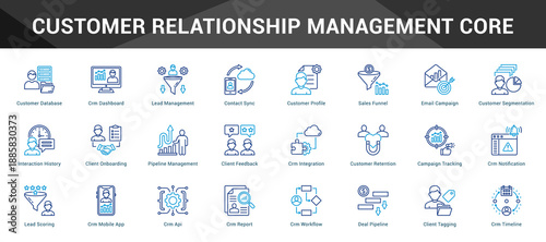 Customer Relationship Management Core Cohesive set of minimalist vector icons representing key ideas with visual clarity