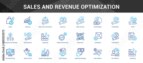 Sales And Revenue Optimization Cohesive set of minimalist vector icons representing key ideas with visual clarity