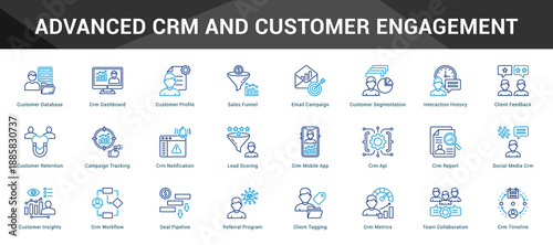 Advanced Crm And Customer Engagement Cohesive set of minimalist vector icons representing key ideas with visual clarity