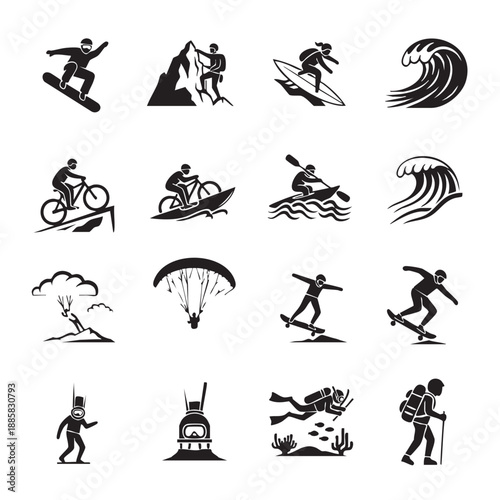 Black and white of people engaging in various outdoor and extreme sports activities 1