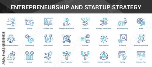 Entrepreneurship And Startup Strategy Cohesive set of minimalist vector icons representing key ideas with visual clarity
