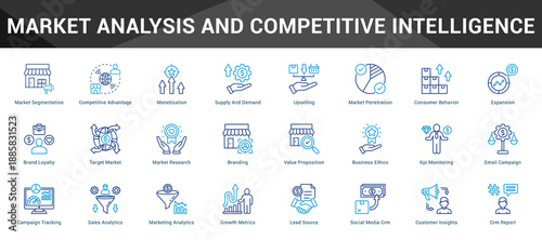 Market Analysis And Competitive Intelligence Cohesive set of minimalist vector icons representing key ideas with visual clarity