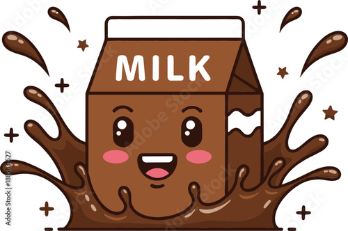 Cute chocolate milk carton cartoon vector illustration with splash effect smiling face and sweet drink concept