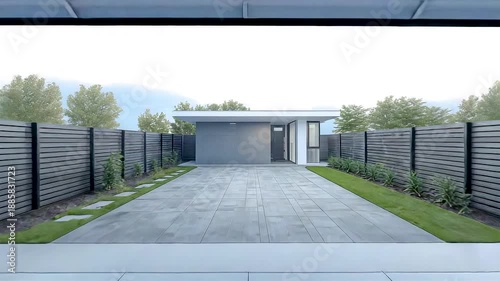 Modern residential driveway with gated entrance paved path and minimalist house exterior showing clean architecture and private property design