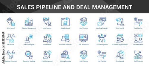 Sales Pipeline And Deal Management Cohesive set of minimalist vector icons representing key ideas with visual clarity