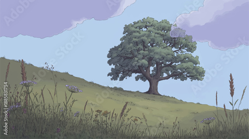A digital illustration of a solitary oak tree on a grassy hillside against a light blue sky with wispy purple clouds (1)_traced