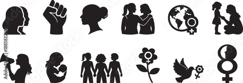 International Women’s Day Silhouette Icons Set – Women Empowerment, Equality and Support