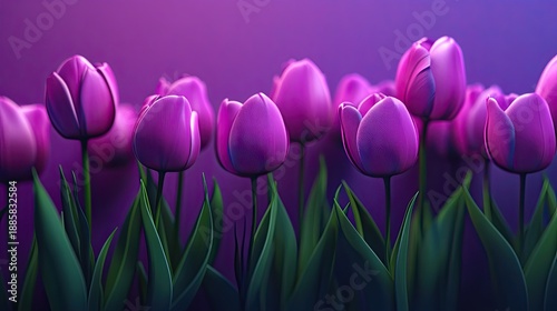 A row of purple tulips with green stems, set against a dark purple background