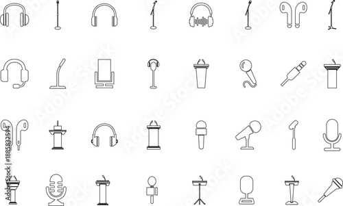 Microphone Audio Equipment Black Line Style Vector Icon Set, Sound Recording Symbol Collection and Music Podcast Outline Graphic Group Featuring Mic, Headset and Earphone