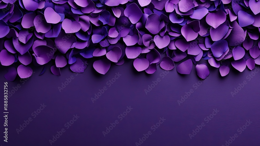 Fototapeta premium A collection of purple paper flowers or petals arranged densely on a dark purple background, creating a decorative and artistic pattern