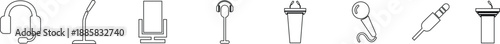 Microphone Audio Equipment Black Line Style Vector Icon Set, Sound Recording Symbol Collection and Music Podcast Outline Graphic Group Featuring Mic, Headset and Earphone