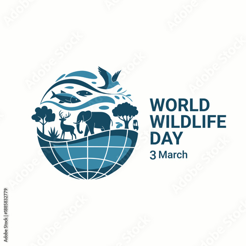 Creative world wildlife day illustration with animal collage and globe grid