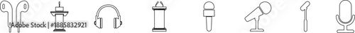 Microphone Audio Equipment Black Line Style Vector Icon Set, Sound Recording Symbol Collection and Music Podcast Outline Graphic Group Featuring Mic, Headset and Earphone