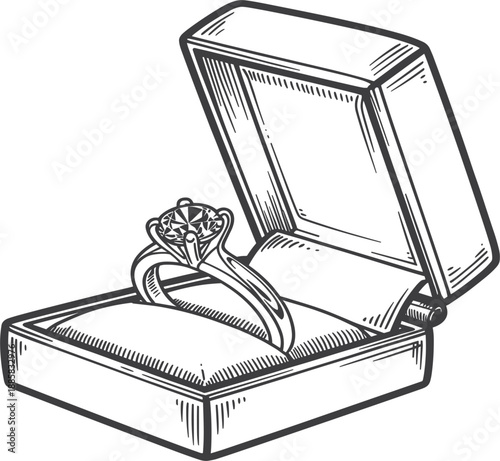 Vintage hand drawn diamond engagement ring in jewelry gift box, elegant marriage proposal for wedding design