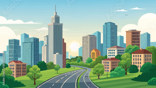 Vibrant cityscape with modern skyscrapers and lush greenery