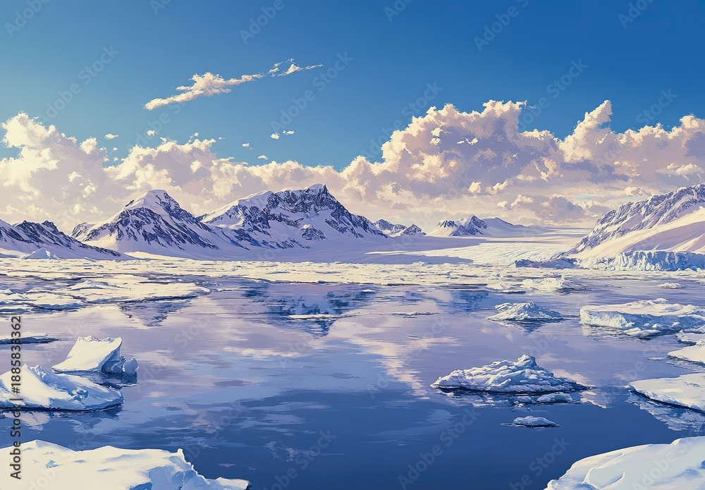 Fototapeta premium A vast Arctic landscape with snow-covered mountains, floating ice, and calm water reflecting the blue sky and white clouds