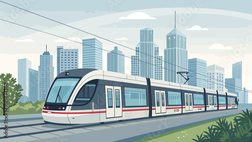 Modern tram in urban cityscape with sleek skyscrapers and greenery