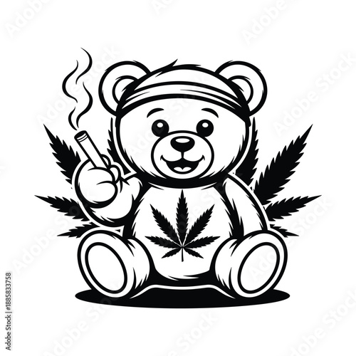 Cute teddy bear with bandana smoking marijuana leaf motif playful rebel character concept