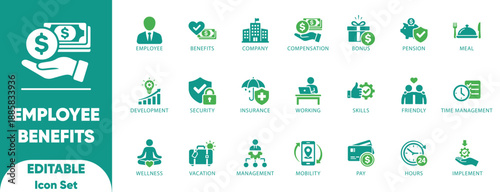 Employee Benefits HR Compensation Perks Insurance Bonus Salary Vector Icon Set
