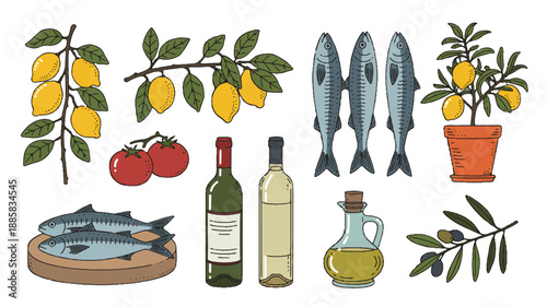 A hand-drawn illustration of Mediterranean and Italian food elements arranged in a horizontal composition against a white background (1)_traced