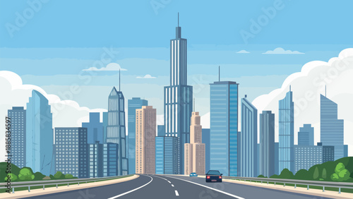 Modern cityscape with sleek skyscrapers and busy highway
