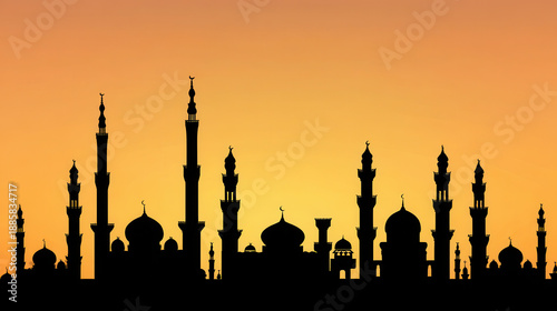 Silhouette of mosques at sunset.